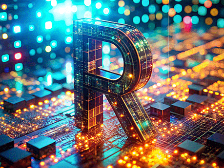 Surreal R Programming Code: Dark Background, Glowing Code Editor, and Stylized Letter R